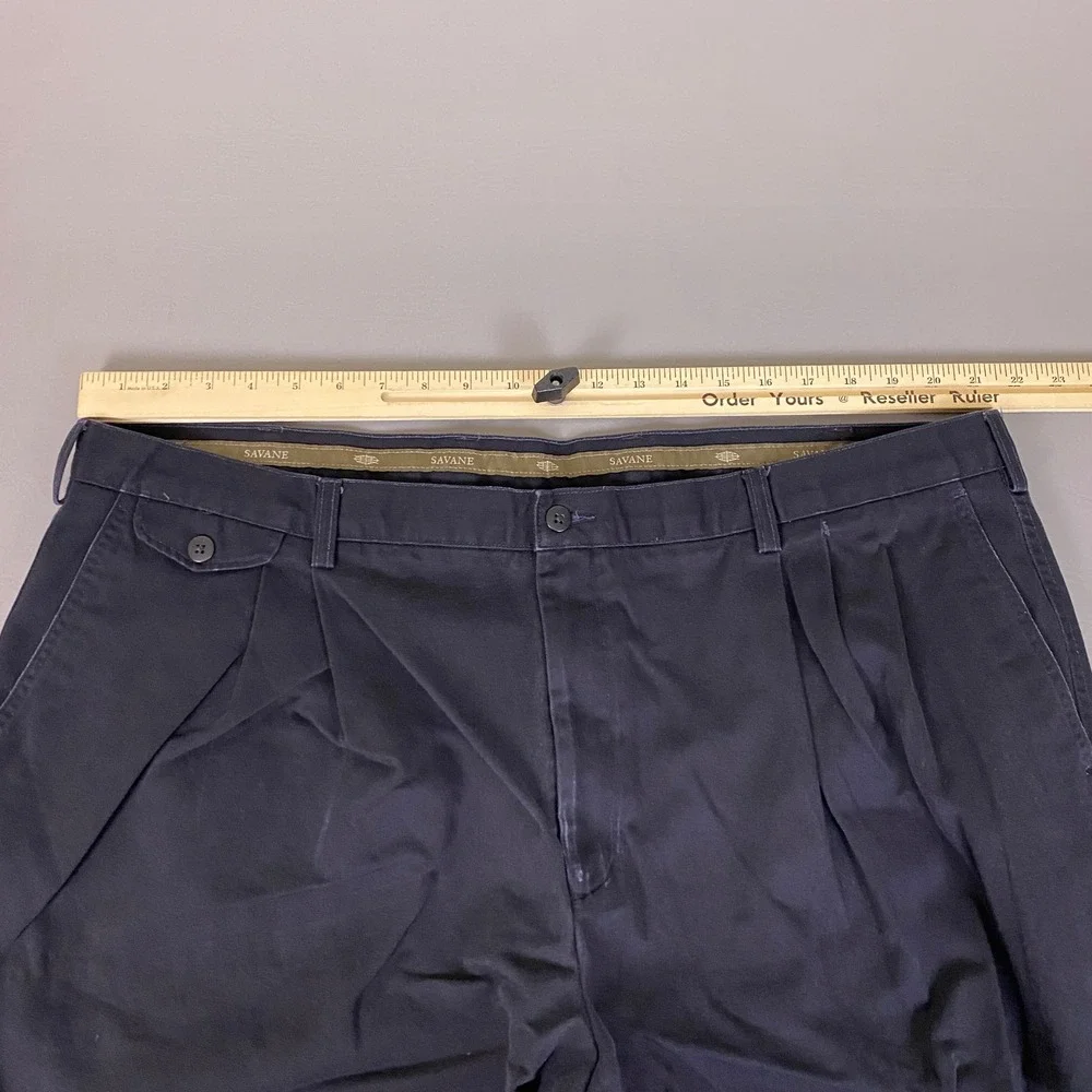 Savane Pants Men's 46x30 Relaxed‎ Fit Navy Blue Pleated Front Cotton Chino *